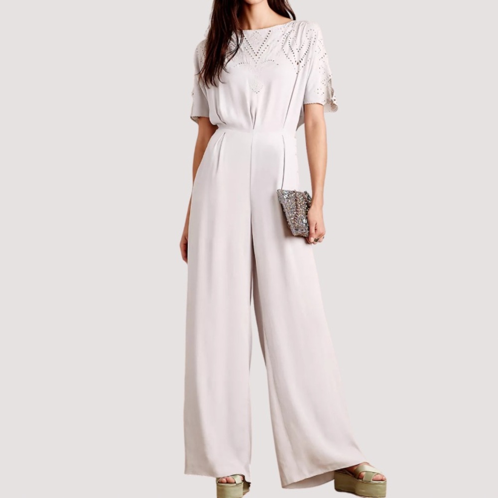 Anthropologie Ivory Eyelet Short-Sleeve Wide-Leg Jumpsuit